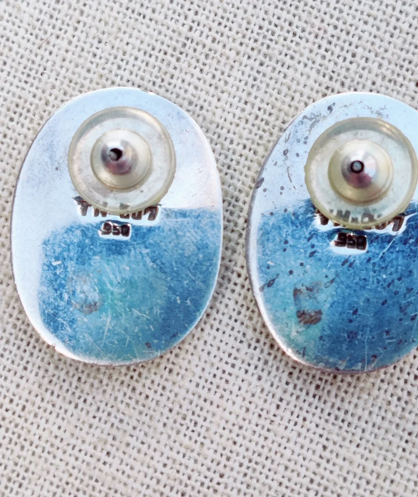 Vintage heavy 950 fine silver Mosaic taxco signed stone earrings - Picture 15 of 15